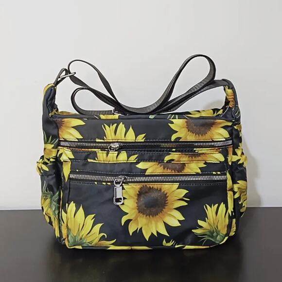 Sunflower Crossbody Bag Black Floral Purse, Multi Pockets, Adjustable Strap, NWT - Picture 3 of 8